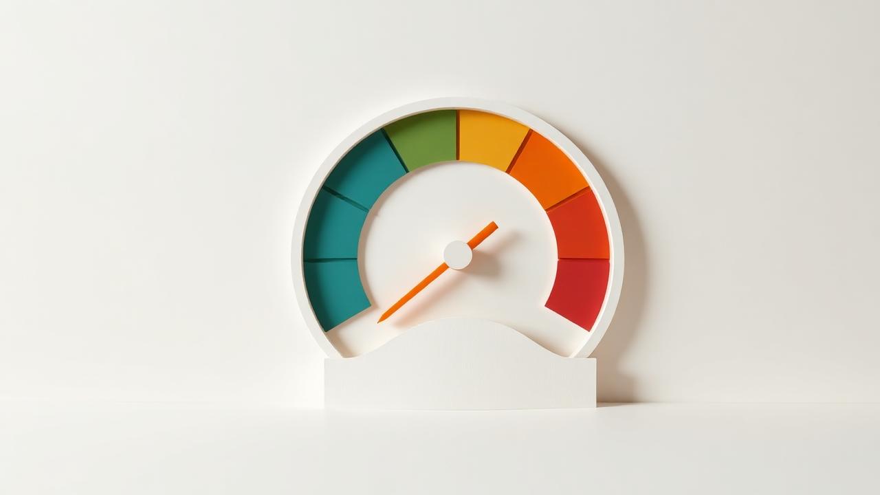 Illustration of a credit score gauge surrounded by icons for payment history, utilization, and credit age