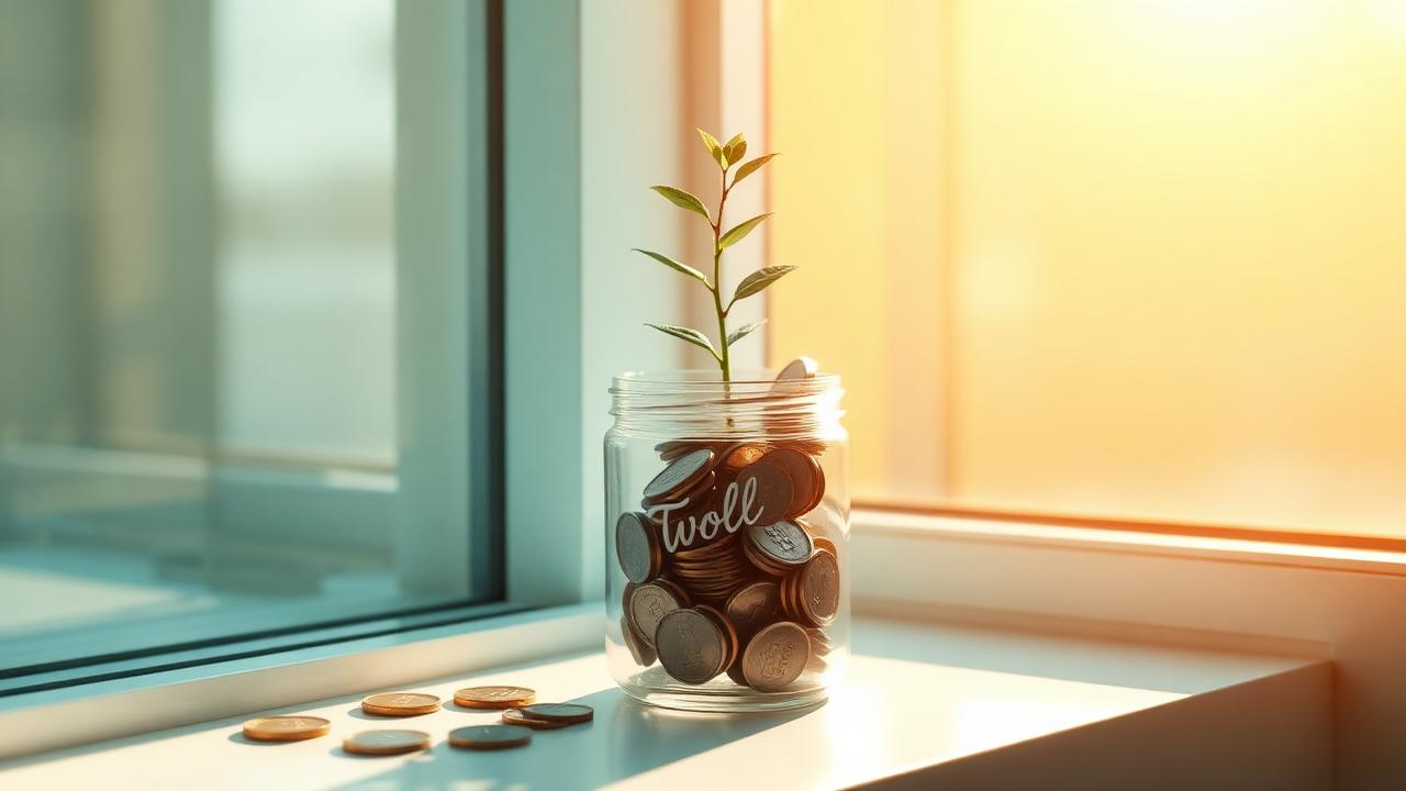 A phone showing a savings account balance growing next to a small plant