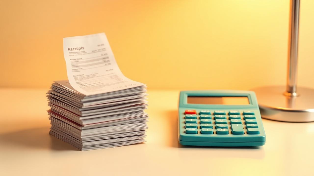 Receipts and a calculator next to a tax return form