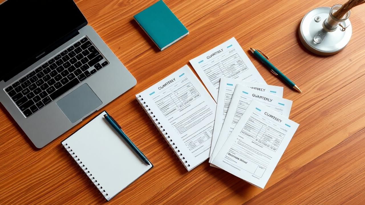 A laptop with an invoice and a calendar marking quarterly due dates